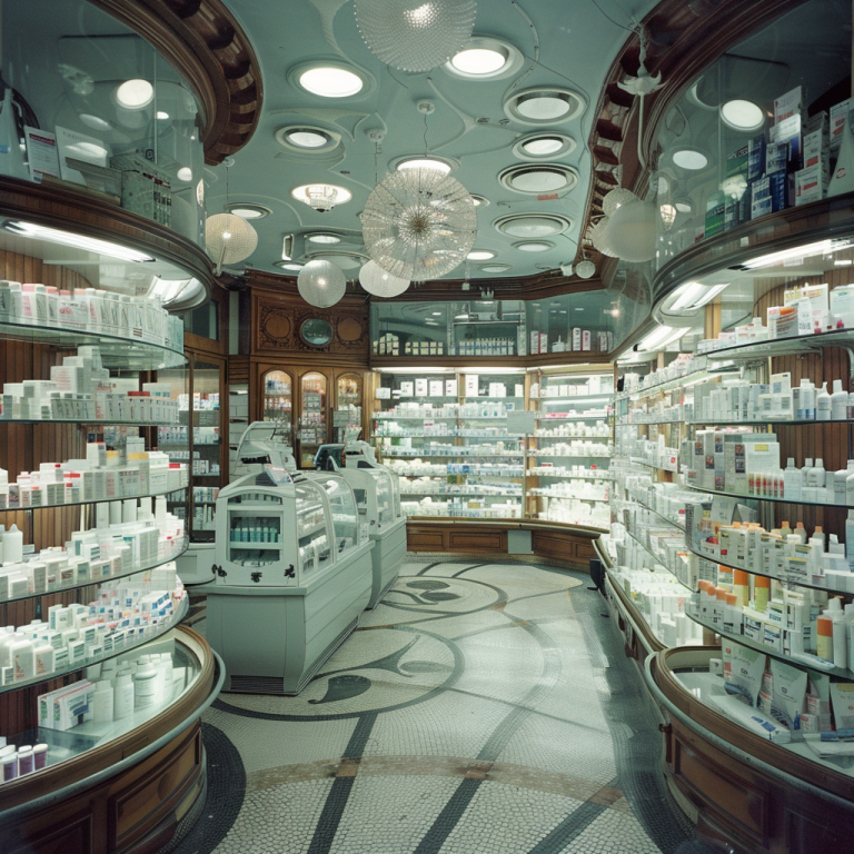 Opiekunka podczas wizyty w niemieckiej aptece rozmawiająca z farmaceutą
